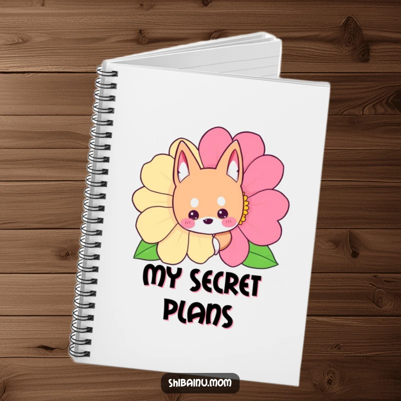 Funny Shibainu notebook featuring a dog peeking from behind a flower, perfect for jotting notes.