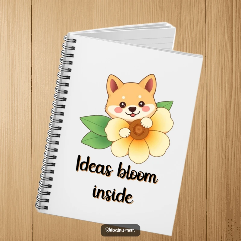 Funny Shiba Inu notebook with the character peeking from behind a flower, ideal for jotting down notes with a playful, curious vibe.