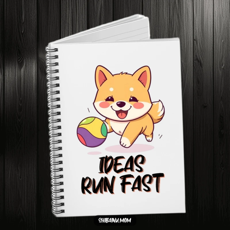 Funny Kawaii Shiba Inu notebook with a cute puppy energetically chasing a vibrant bouncing ball, perfect for jotting down ideas.