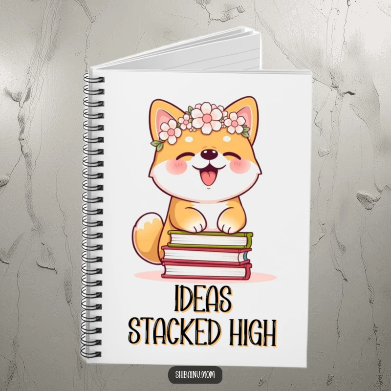 Funny Shiba Inu notebook, flower crown, giggling while balancing books, perfect for notes, journaling, and a daily dose of humor.