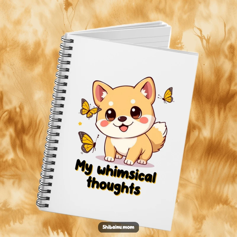 Funny kawaii Shiba Inu dog with big eyes chasing a butterfly on the cover of a notebook, inviting cute notes.