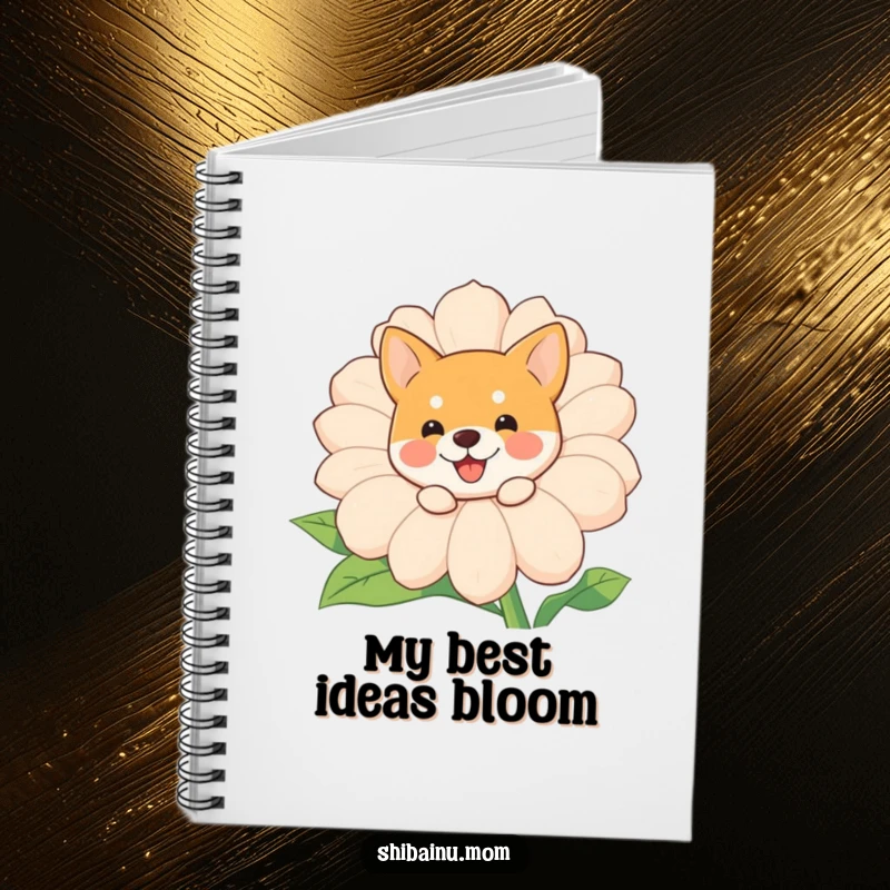 Funny Shiba Inu peeking notebook, a cute dog peeks from a large, happy flower, perfect for jotting down funny thoughts.