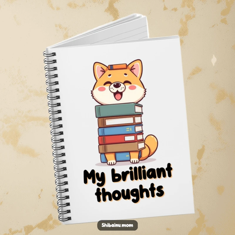 Funny Shiba Inu notebook design with a proud dog balancing books on its head, perfect for academic notes.