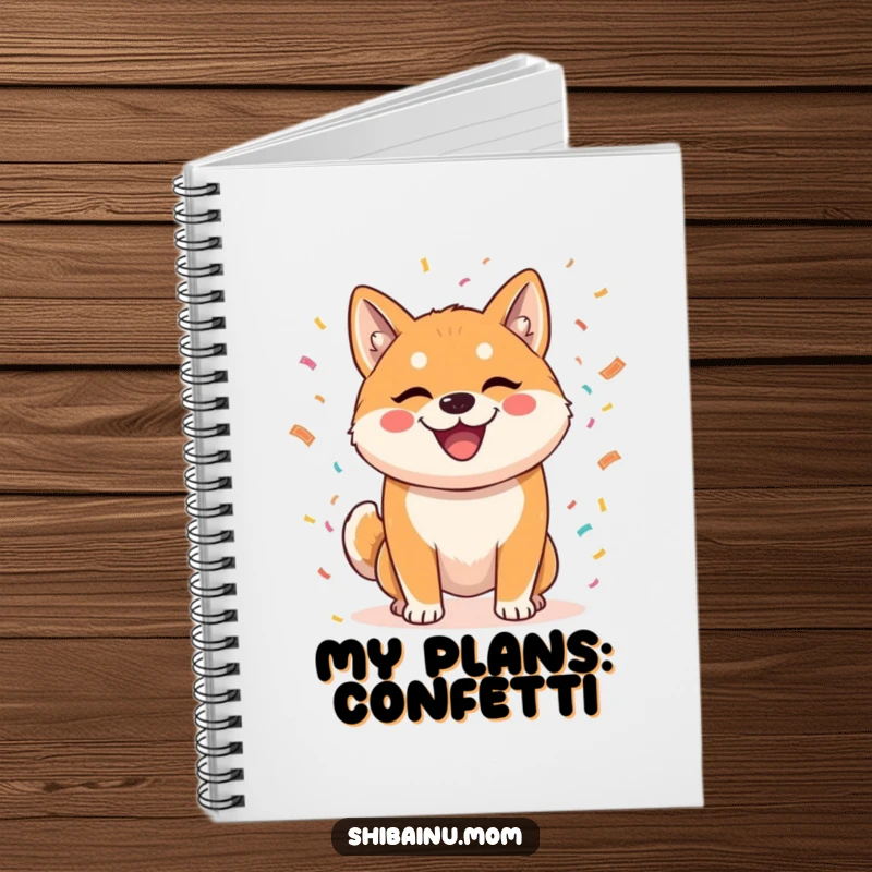 Funny notebook featuring a mischievous Shiba Inu throwing confetti, ideal for jotting down ideas with a festive and humorous touch.