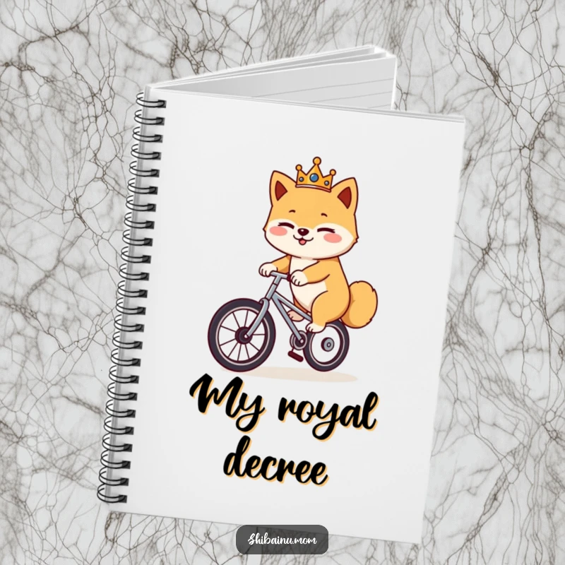 Funny Shiba Inu unicycle notebook, a crowned dog winks while riding a unicycle, perfect for jotting down royal thoughts.