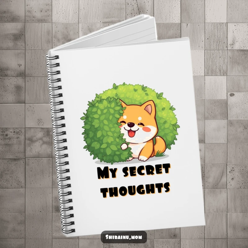 Funny Kawaii Shiba Inu notebook with a giggling dog peeking playfully from behind a bush. Ideal for journaling, a cute and funny gift.