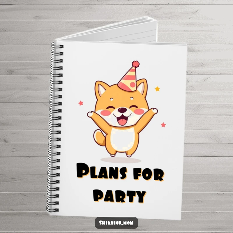 Funny Kawaii Shiba Inu Notebook wearing a party hat, bouncing with excitement, ideal for notes.