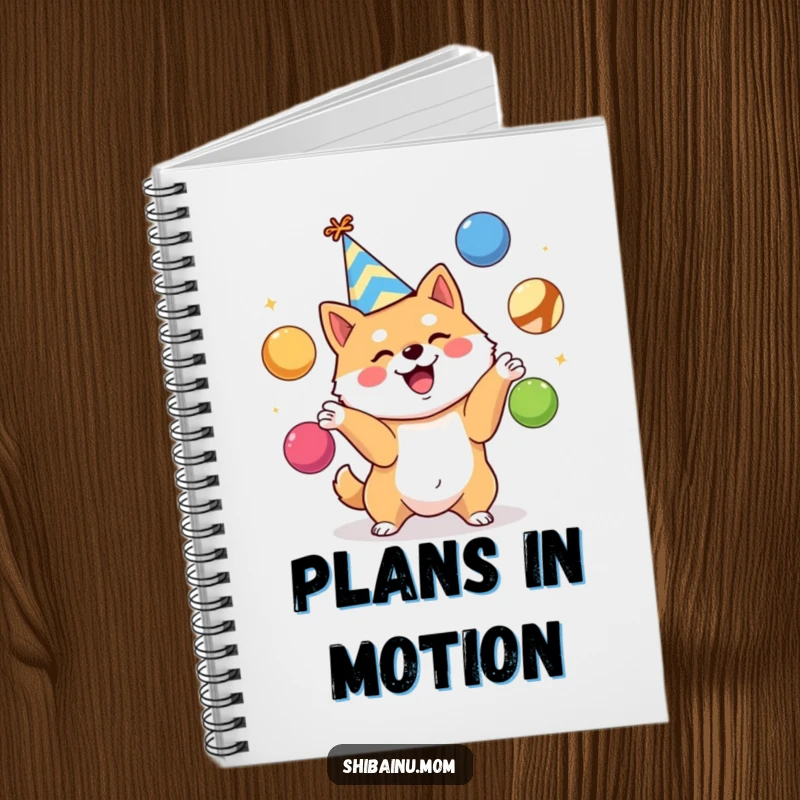 Funny Shiba Inu notebook, party hat, excitedly juggling colorful balls, ideal for notes and party plans, a funny gift.