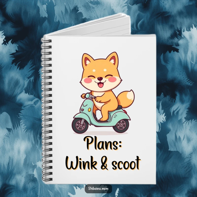 Funny Shiba Inu dog notebook, winking slyly, riding a tiny scooter, featuring a happy and cool dog, perfect for writing.