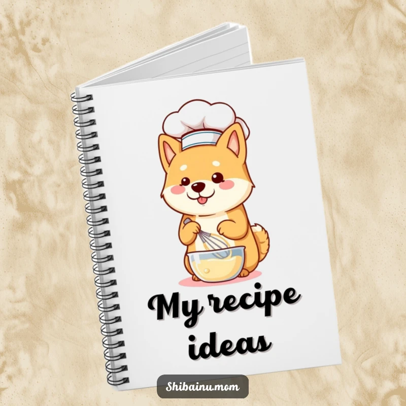 Funny Shiba Inu dog wearing a chef hat and whisking batter on the cover of a notebook, ready for recipes.