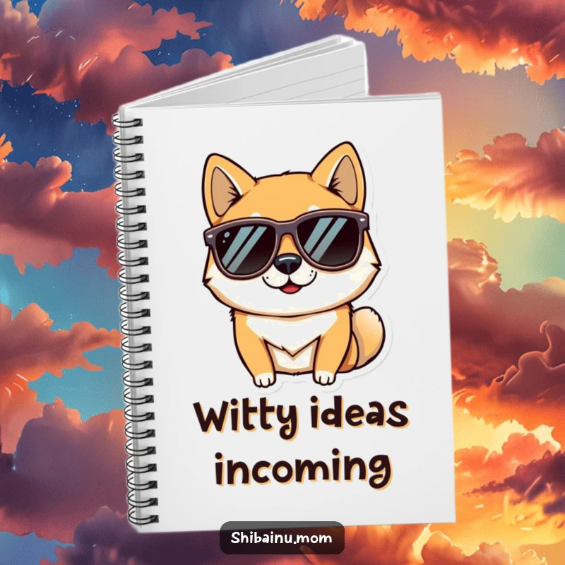 Funny notebook featuring a cool Shiba Inu dog wearing sunglasses, ideal for jotting down notes and ideas with a humorous, stylish canine touch.