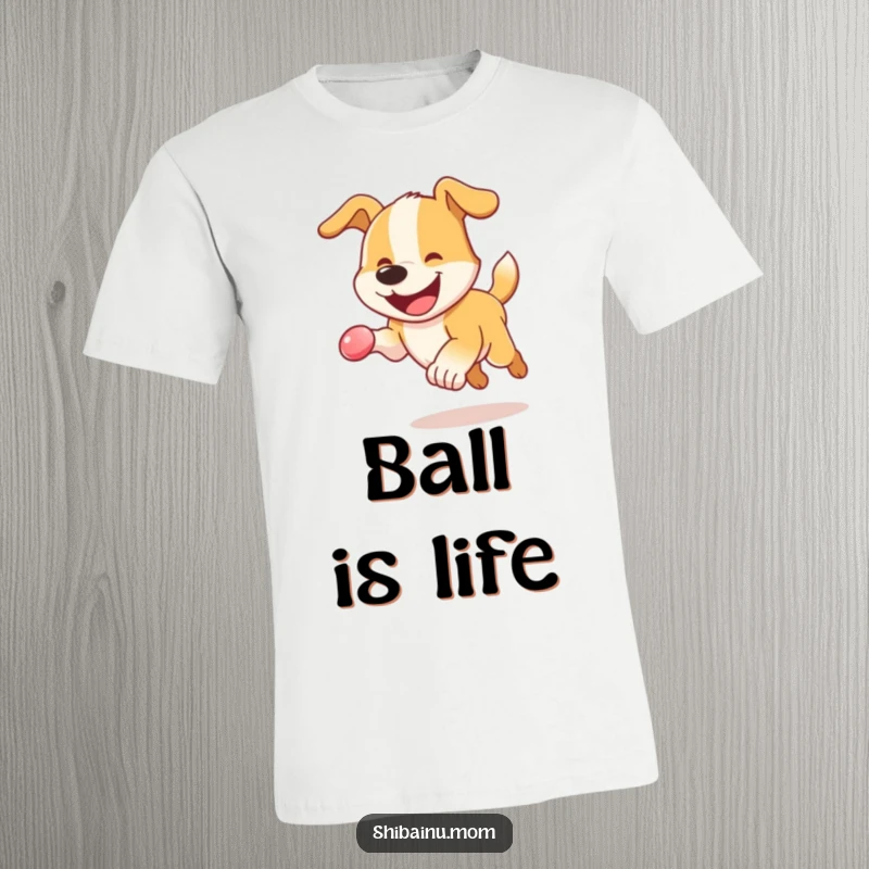 Funny Dog T-Shirt: An excited dog with a big grin energetically bounding after a bouncy sphere, embodying playful spirit.