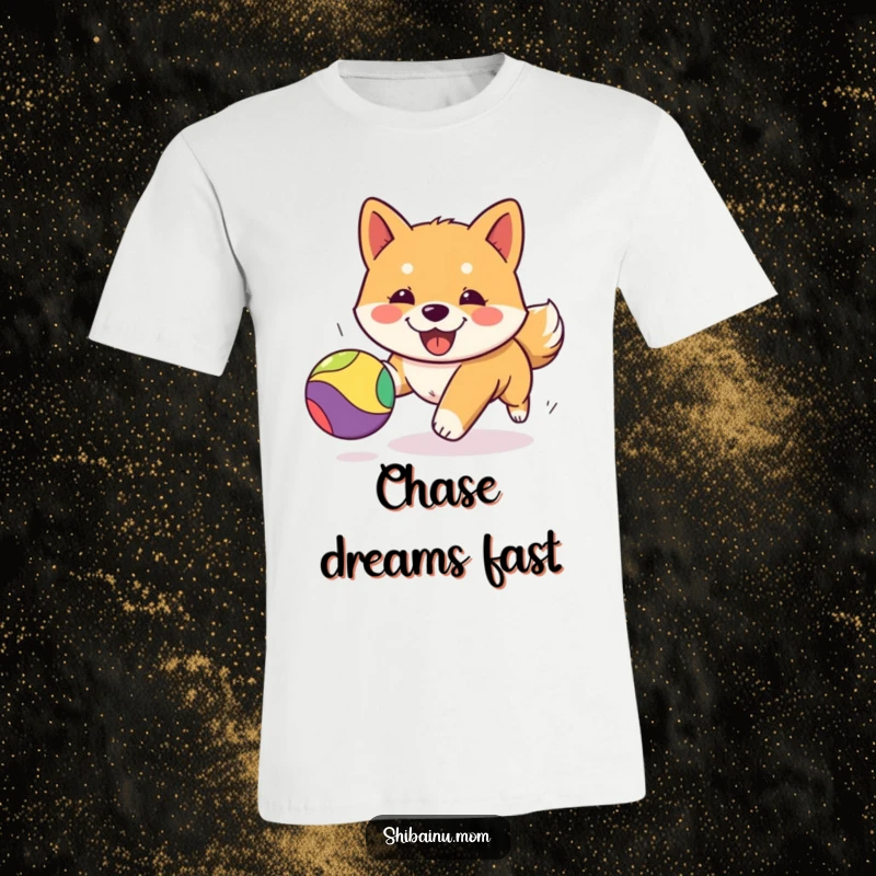 Funny Kawaii Shiba Inu t-shirt displaying a cheerful puppy with boundless energy, intensely focused on catching a colorful bouncing ball.