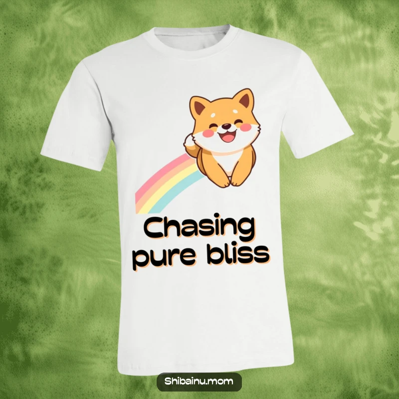 Funny Shiba Inu T-Shirt: A Shiba Inu with a wide smile slides down a colorful rainbow, radiating pure happiness.