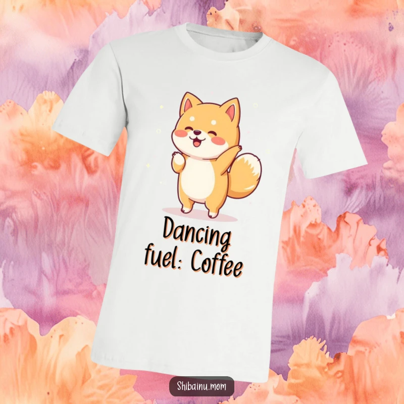 Funny Shiba Inu t-shirt depicting a dog performing a lively dance with magical sparkles shimmering all around, radiating pure happiness.