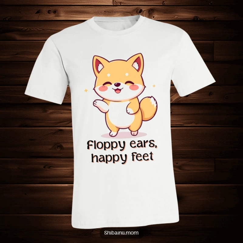 Funny Kawaii Shiba Inu t-shirt showing a happy dog with floppy ears mid-dance. Vibrant and joyful artwork for a playful and funny gift.