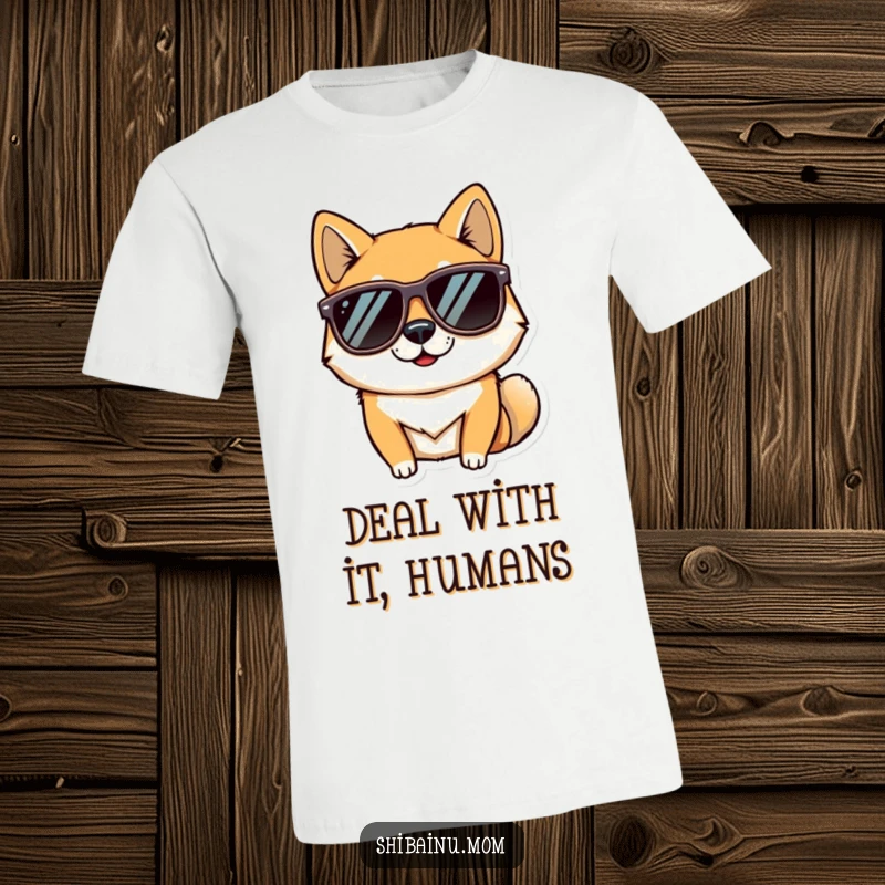 Funny t-shirt featuring a Shiba Inu dog in oversized sunglasses, exuding confidence and coolness, a hip and humorous canine fashion statement.