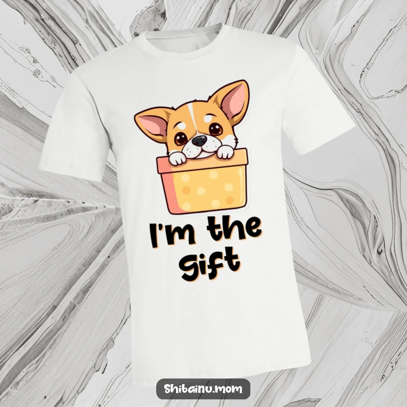 Funny Dog T-Shirt: Alert-eared puppy curiously peeking out of a vibrant, closed gift box, expressing mischievous anticipation.
