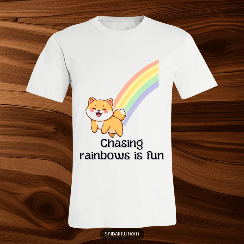 Funny Shiba Inu t-shirt depicting a dog giggling gleefully as it slides down a bright, colorful rainbow.
