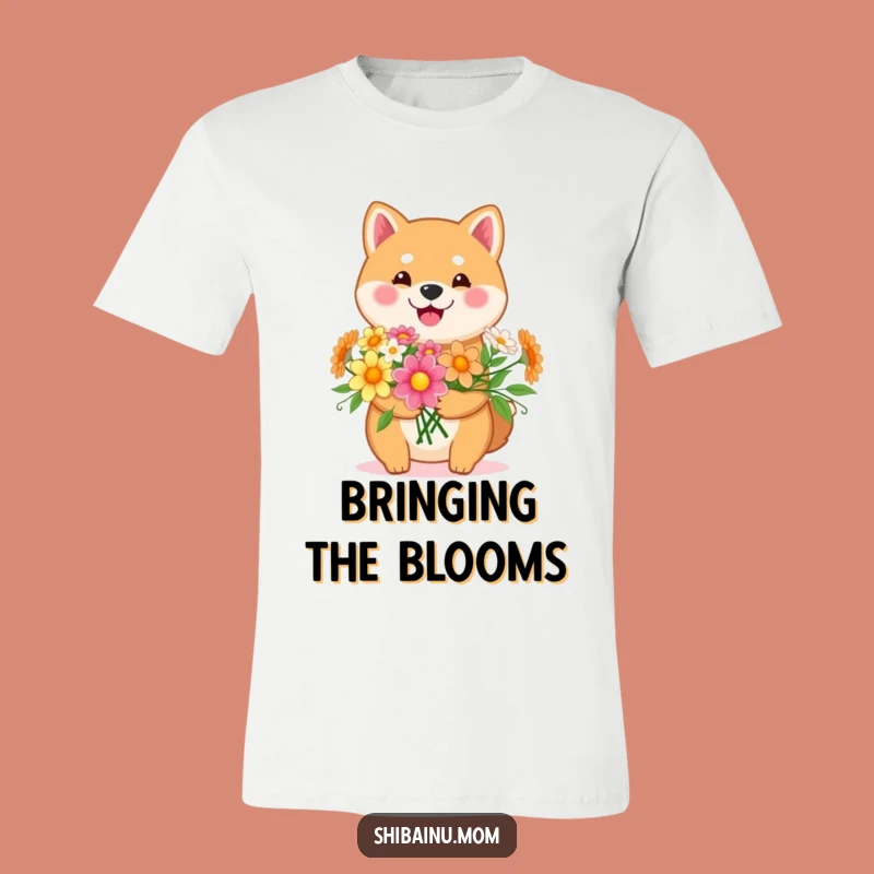 Funny Kawaii Shiba Inu Flower T-Shirt: Happy Pup with Bouquet, Gift!