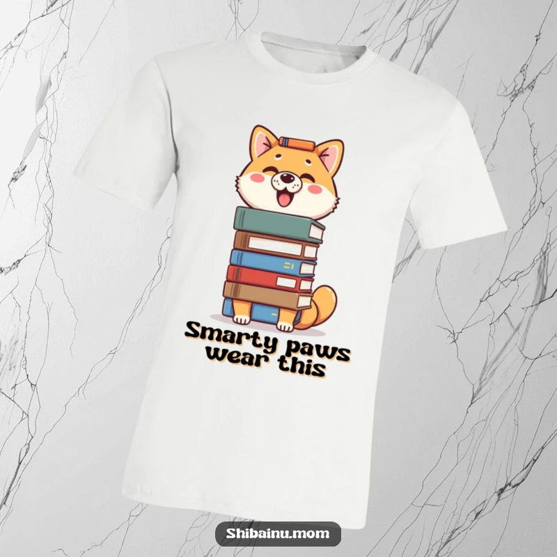 Funny Shiba Inu t-shirt depicting a proud dog balancing a tall stack of books on its head with great concentration.