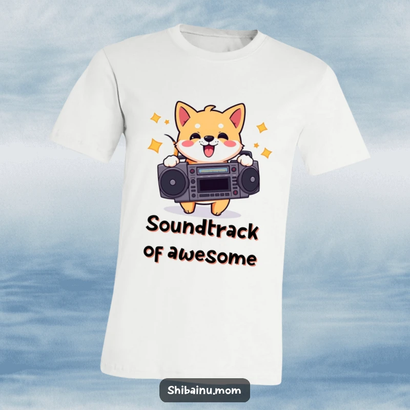 Funny t-shirt with an energetic Shiba Inu holding a boombox and bopping its head, celebrating retro music and joyful vibes.