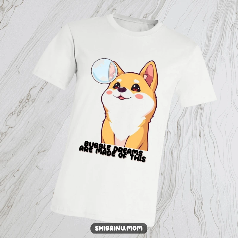 Funny Shiba Inu t-shirt, a curious dog looks up at a floating bubble, expressing cheerful optimism and lighthearted fun.