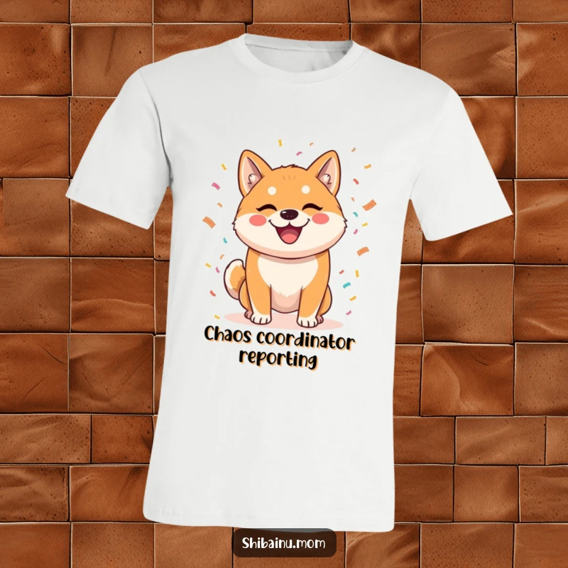 Funny t-shirt with a mischievous Shiba Inu tossing confetti, perfect for celebrating and conveying a joyful, party-loving personality.