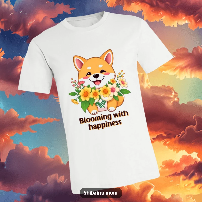 Funny Shiba Inu t-shirt, a smiling dog presents a bouquet of flowers, symbolizing cheerful celebration and heartfelt joy.