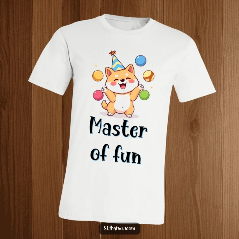 Funny Shiba Inu t-shirt, party hat, excitingly juggling colorful balls, energetic and festive apparel, a fantastic funny gift.