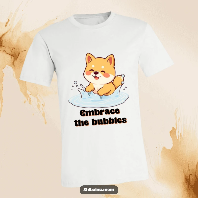 Funny Shiba Inu T-Shirt showcasing a dog joyfully splashing in a bubbly puddle. Pure fun, a wonderful funny gift.