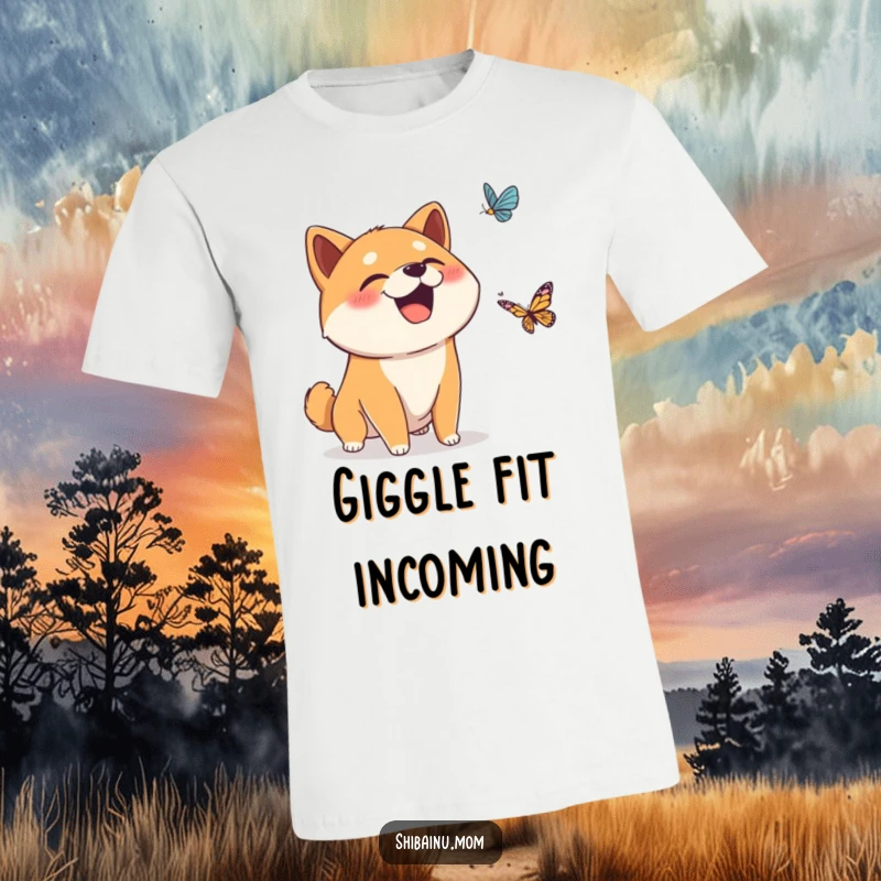 Funny t-shirt depicting a Shiba Inu dog surprised by a falling butterfly, its mouth open in a comical giggle, expressing innocent amusement.