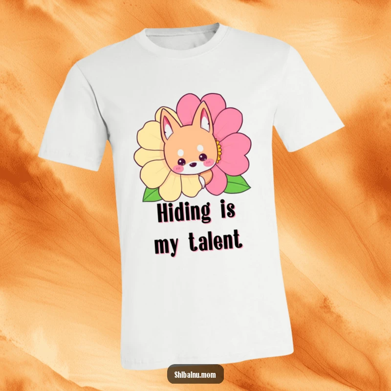 Funny Shibainu t-shirt with a dog peeking out from behind a large, colorful flower, creating a cute surprise.