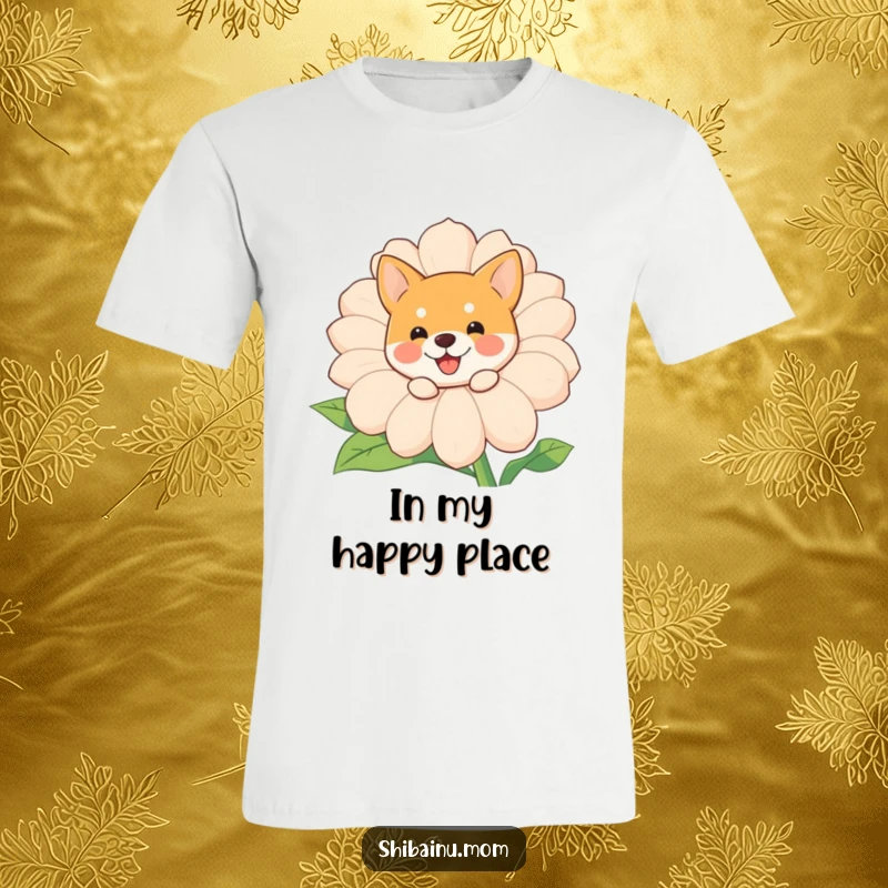 Funny Shiba Inu peeking t-shirt, a cute dog emerges playfully from a giant, smiling flower, a humorous wearable art.