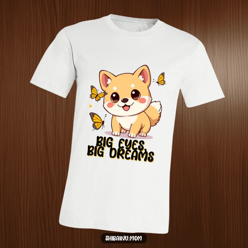 Funny kawaii Shiba Inu dog with big eyes playfully chasing a butterfly on a comfortable t-shirt.