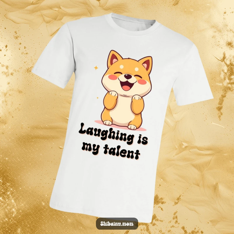 Funny Kawaii Shiba Inu T-Shirt with paws up, laughing heartily at an unseen joke, pure comedy.