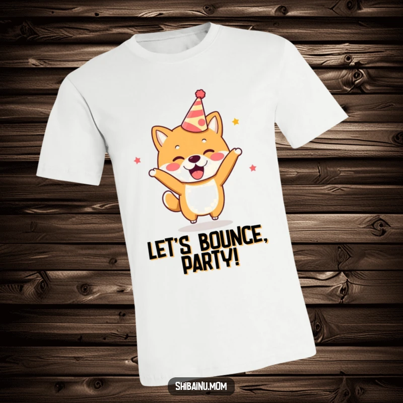 Funny Kawaii Shiba Inu T-Shirt with a party hat, bouncing with excitement, perfect for celebrations.