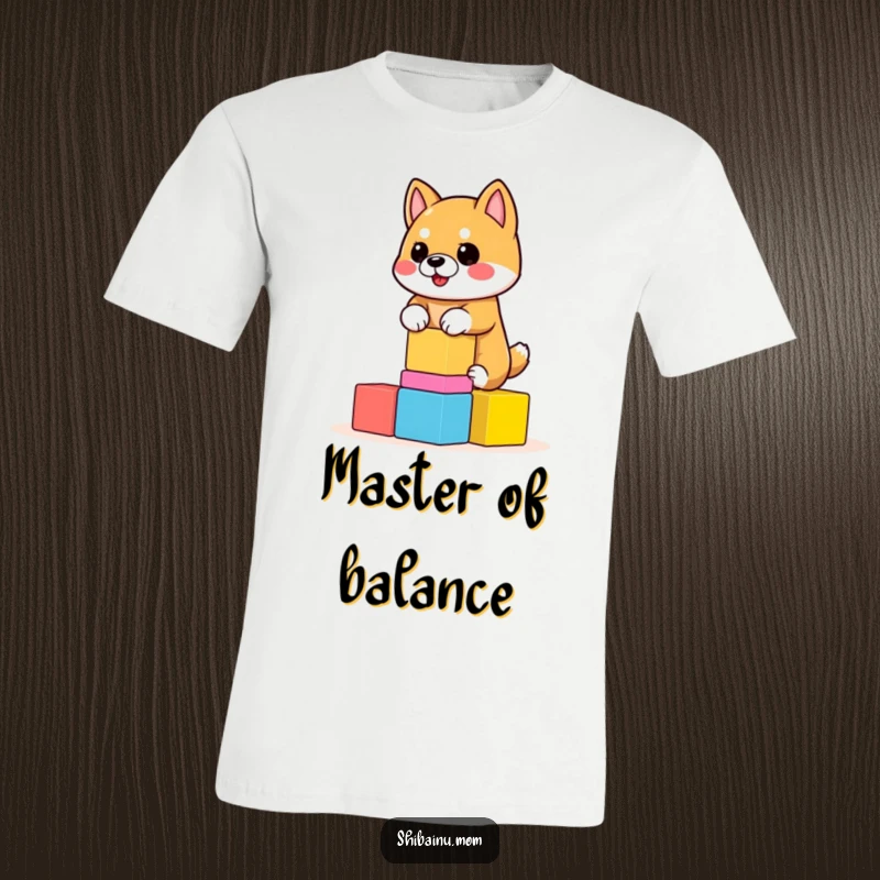 Funny Shiba Inu T-Shirt showcasing a dog skillfully balancing a stack of unstable, colorful blocks. A humorous design, funny gift.