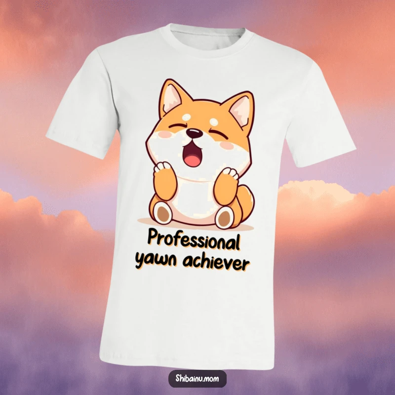 Funny Shiba Inu t-shirt of a dog caught in a big yawn, stretching its front paws upwards in a sleepy pose.