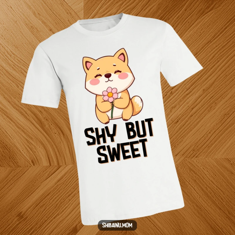 Funny Shiba Inu t-shirt depicting a bashful dog with rosy cheeks, shyly presenting a delicate flower.