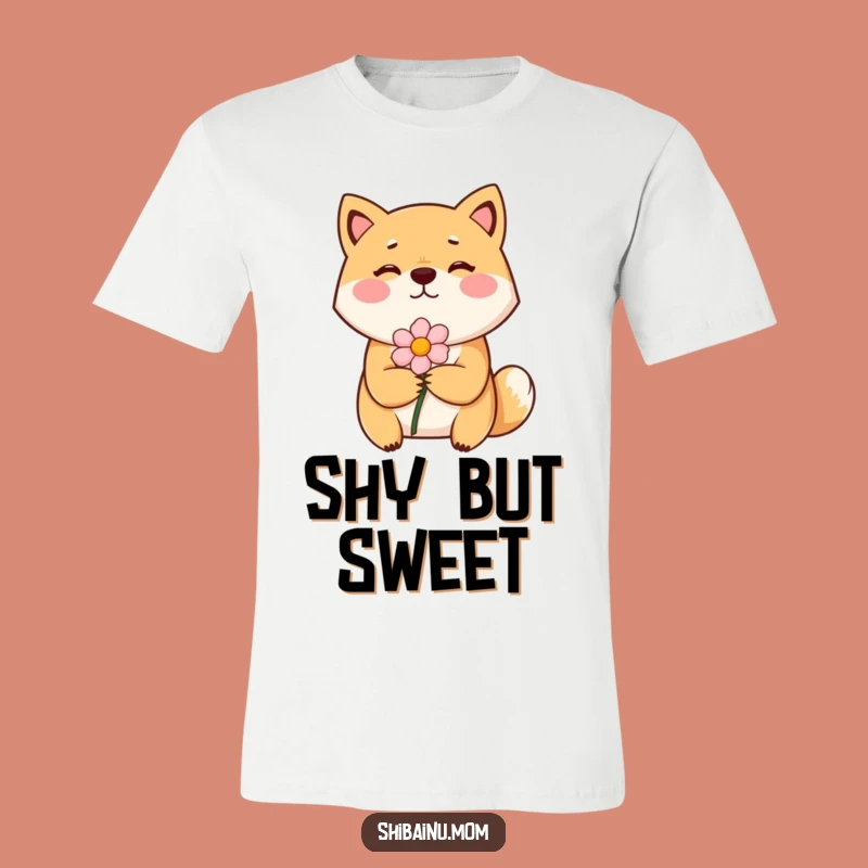 Funny Bashful Shiba Inu T-Shirt - Shy Flower Giving Dog Tee