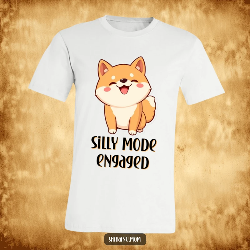 Funny Kawaii Shiba Inu t-shirt featuring a silly grinning dog striking a memorable and playful pose, radiating happiness.