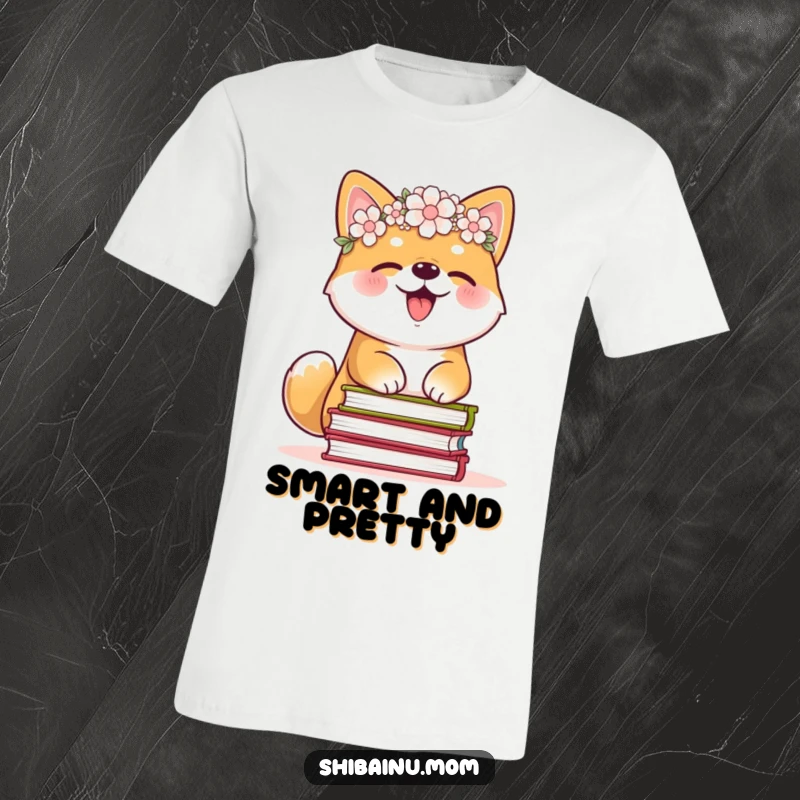 Funny Shiba Inu t-shirt featuring a flower crown, joyfully giggling while precariously balancing a large stack of books, a humorous gift for readers.