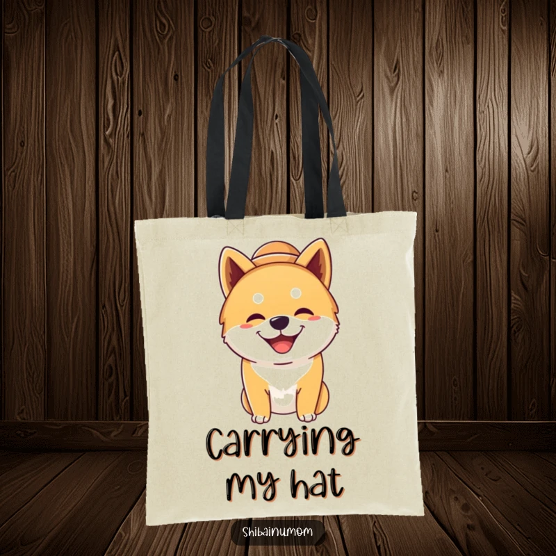 Funny silly Shiba Inu dog tote bag, wearing a big hat, grinning widely, featuring a humorous and happy dog, great for shopping.