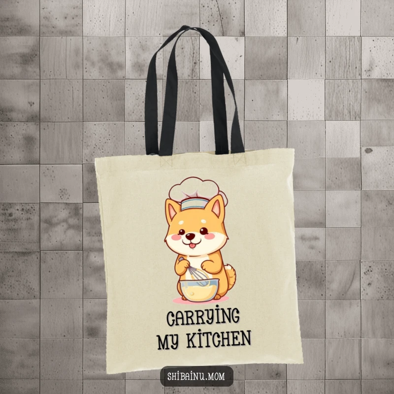 Funny Shiba Inu dog wearing a chef hat and whisking batter, depicted on a tote bag for carrying culinary essentials.