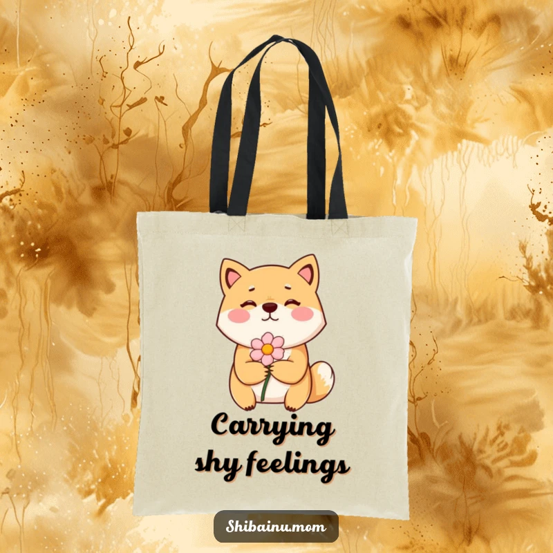 Funny Shiba Inu tote bag design featuring a bashful dog with rosy cheeks presenting a flower, ideal for carrying gentle thoughts.