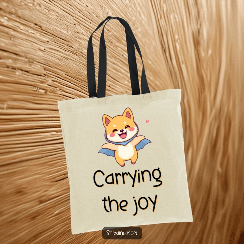 Funny Shiba Inu dog tote bag, showing a Shiba Inu flying with a tiny cape, perfect for carrying items with a heroic flair.