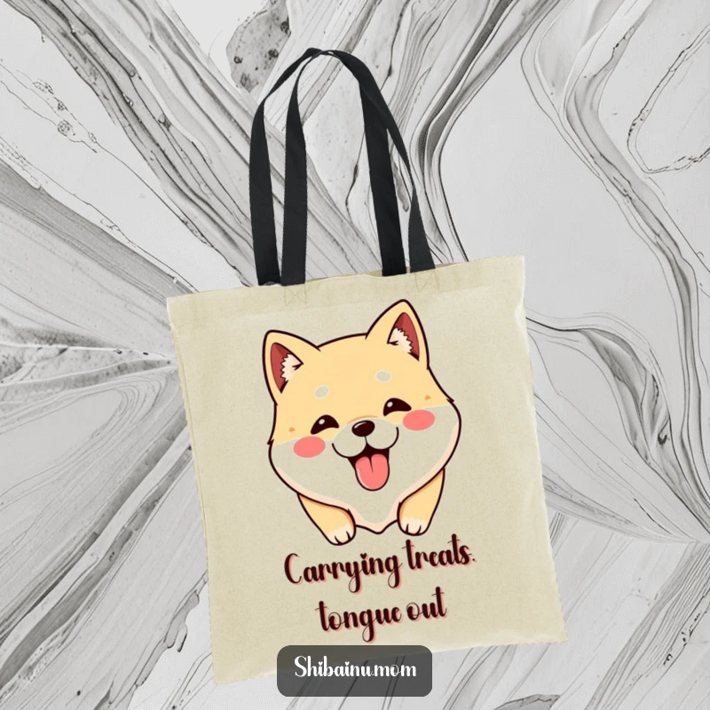 Funny Shibainu tote bag featuring a kawaii dog face playfully sticking its tongue out, perfect for everyday use.