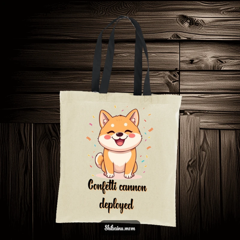Funny tote bag featuring a mischievous Shiba Inu scattering confetti, a stylish and humorous accessory for carrying party essentials.