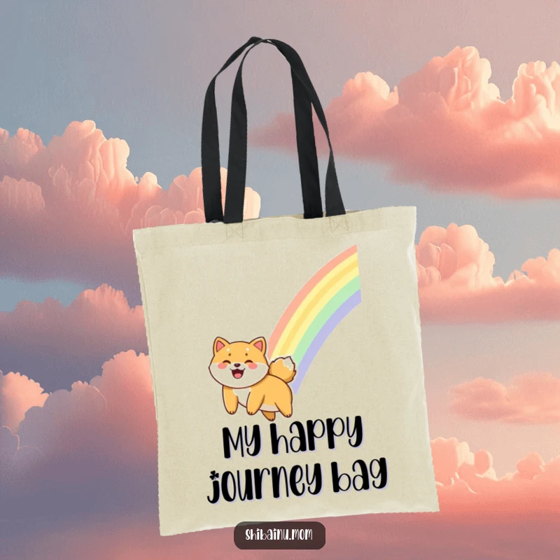 Funny Shiba Inu tote bag design featuring a dog gleefully sliding down a rainbow, perfect for carrying happy vibes.